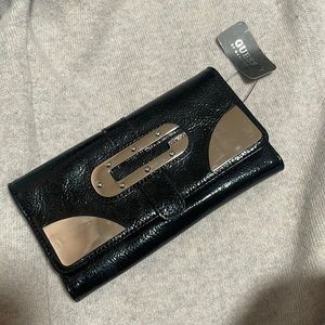 GUESS Black Patent Clutch Wallet with Silver Accent